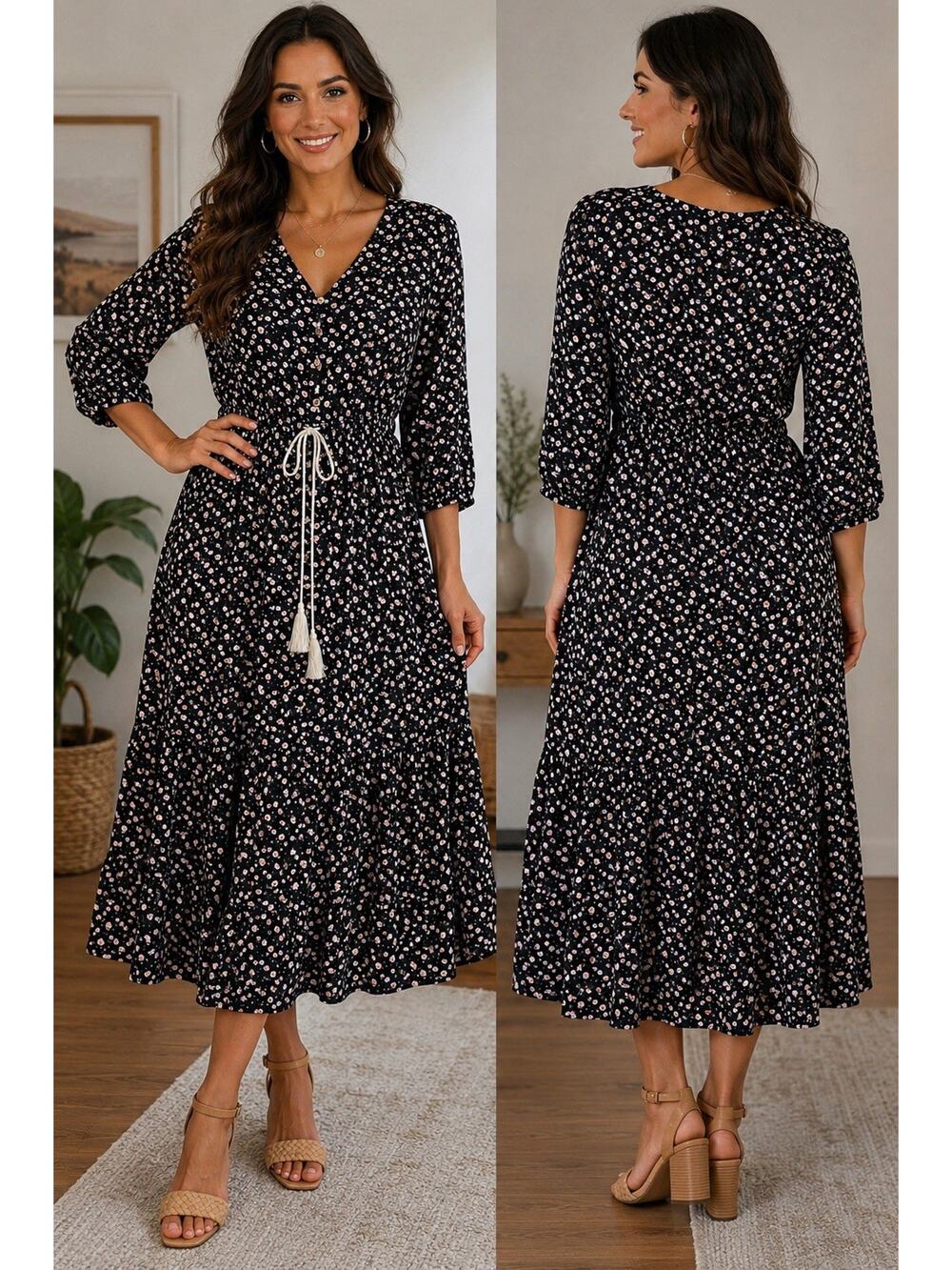 Women’s Boho Floral Maxi Dress Size Large Black Pink Button Front Tassel Tie